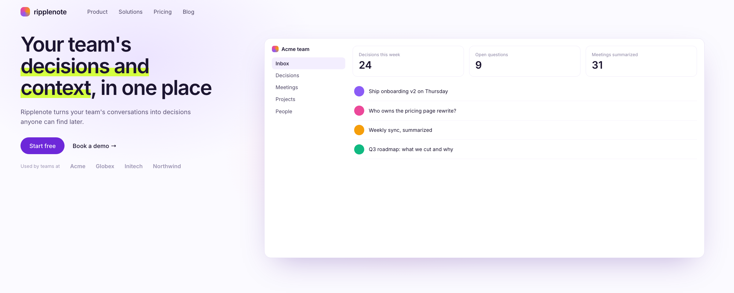 After the fixes ship: the headline reads 'Your team's decisions and context, in one place', with one primary button and a row of customer logos.